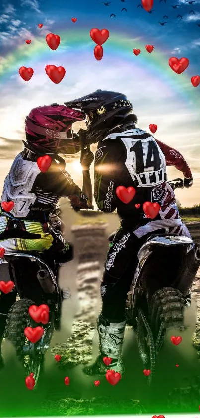 Two motocross riders in love under a sunset sky with red heart balloons.