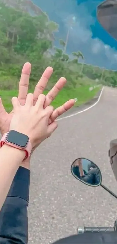 Romantic couple on a motorcycle ride with a vibrant blue sky backdrop.