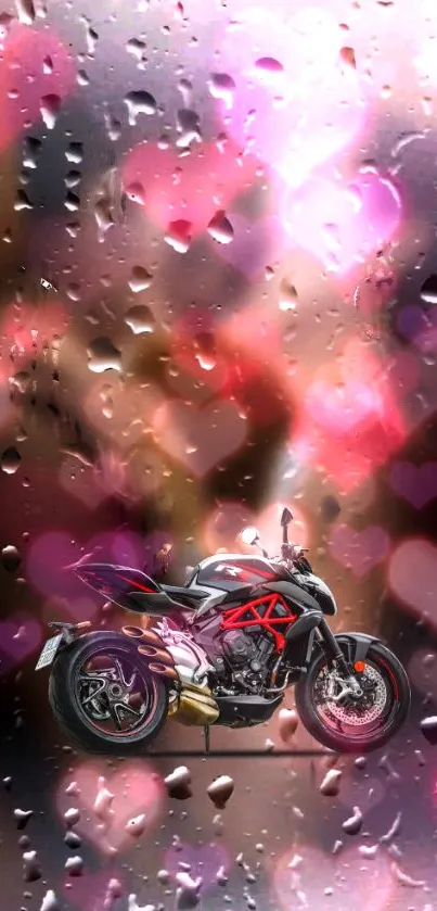 Romantic motorcycle wallpaper with hearts and raindrops.