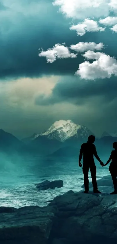 Romantic couple silhouette with mountain and ocean view.