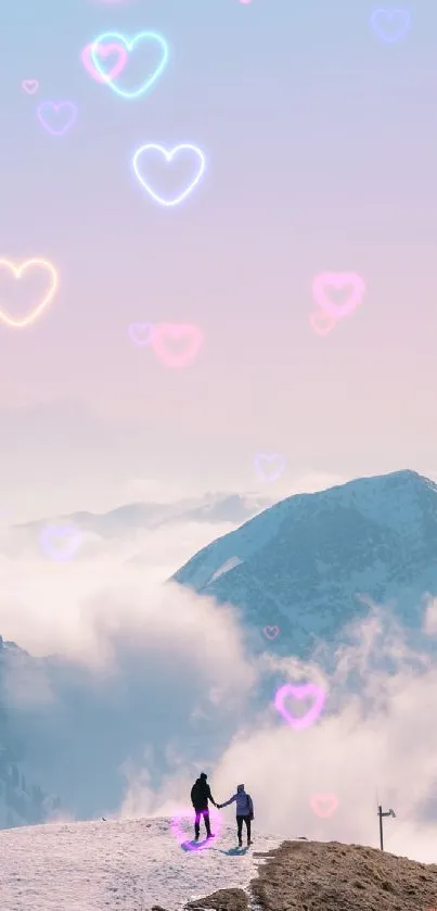 Romantic mountain scene with glowing hearts in sky.