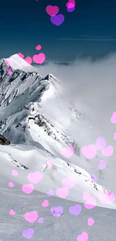 Snowy mountains with pink heart overlays creating a romantic scene.