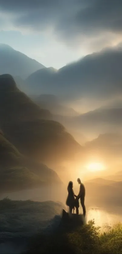 Couple silhouette at sunrise in serene mountain scenery.