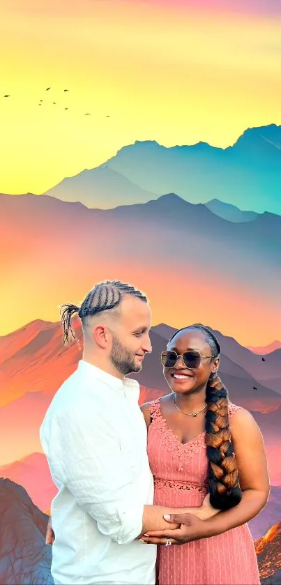 Romantic couple embracing against a vibrant mountain sunset.