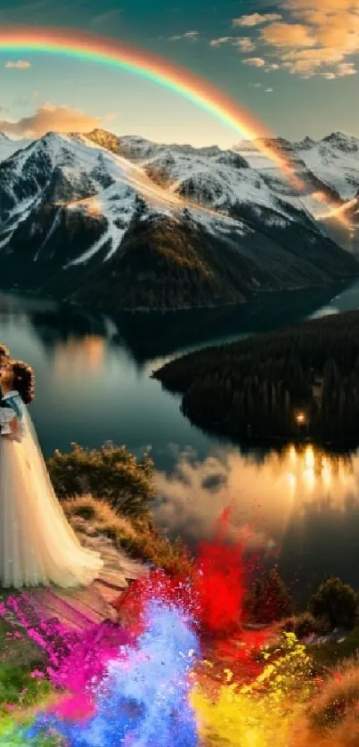 Couple kissing with rainbow over snowy mountains and vibrant colors.