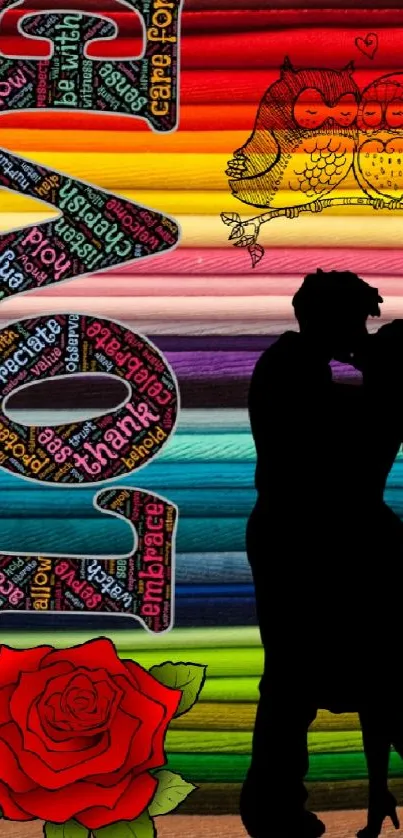 Multicolor love wallpaper with couple and artistic elements.