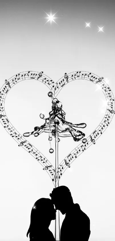 Romantic silhouette with musical heart wallpaper.