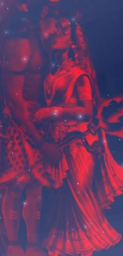 Romantic mythical couple in red and blue hues as phone wallpaper.