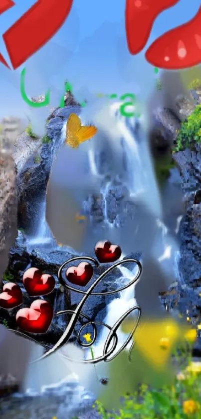 Waterfall with hearts and colorful scenery for phone wallpaper.