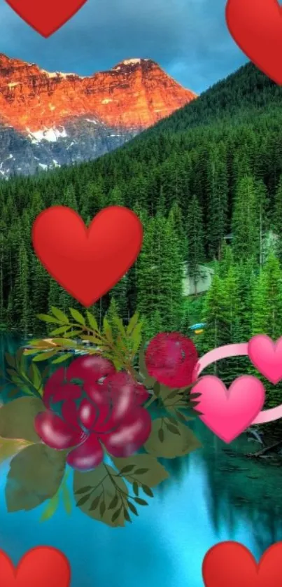 Romantic hearts and nature mobile wallpaper with vibrant colors.