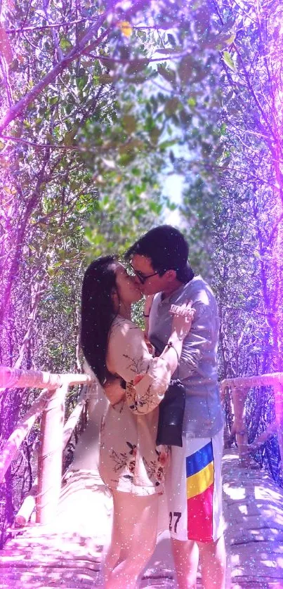 Couple kissing in a vibrant forest with purple hues and sunlight streaming through.