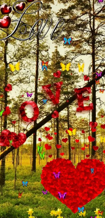 Romantic love wallpaper with hearts and butterflies in a lush forest setting.