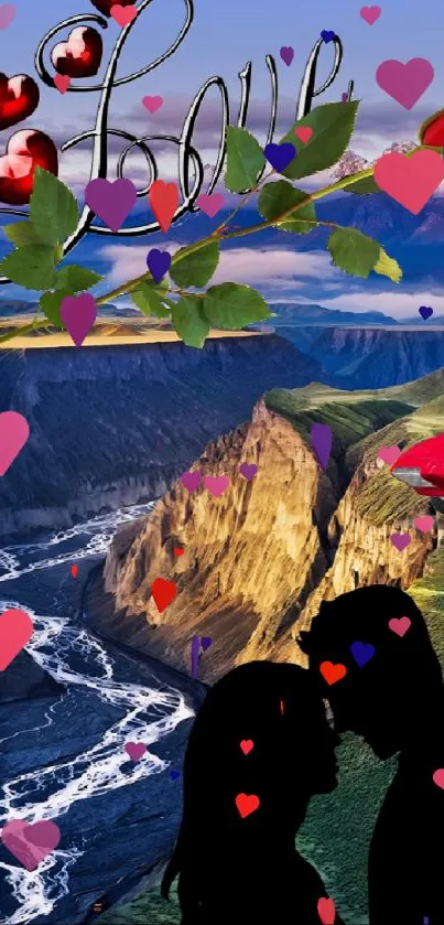 Romantic couple silhouette and love-themed mountain landscape wallpaper.