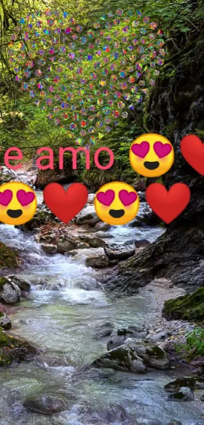 Nature-themed wallpaper with 'te amo' and emojis.