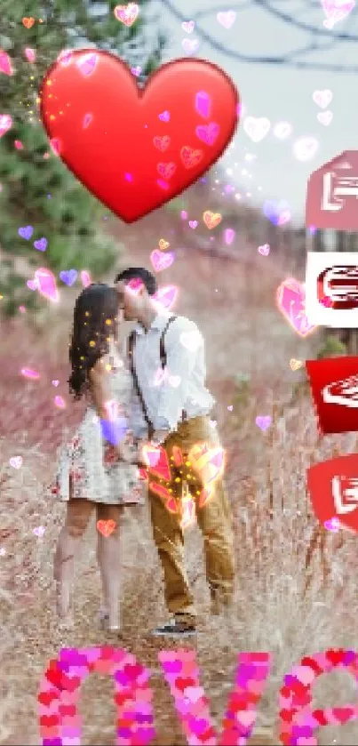 Romantic couple in nature with love text and heart, creating a serene scene.