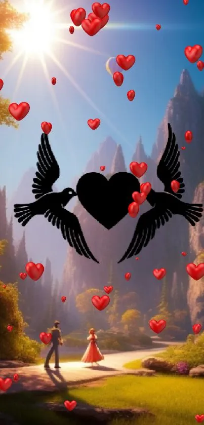 Romantic landscape wallpaper with birds and a couple under the sun.