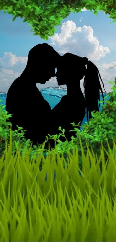 Silhouette of a couple in lush green nature with a bright sky backdrop.