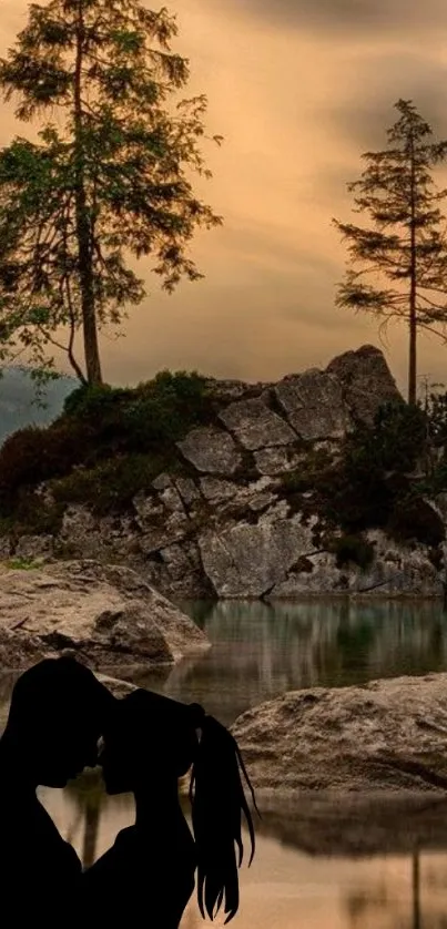 Romantic silhouette of couple by a serene lake with trees and stormy sky.