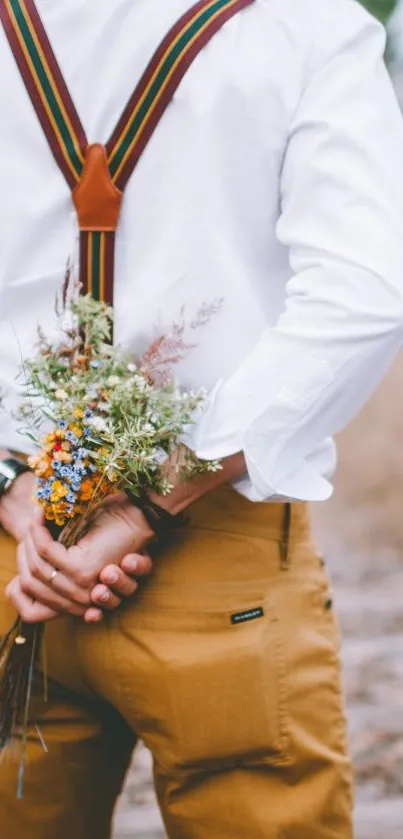 A couple walking on a rustic path, holding a bouquet, in a romantic autumn setting.