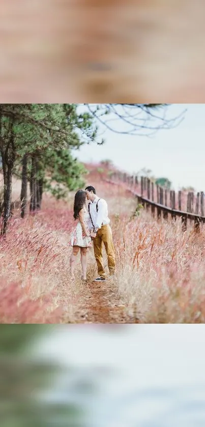 Romantic couple walking in lush nature on scenic path.