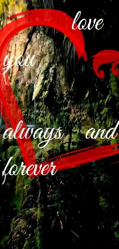 Romantic heart on lush green background with love quote.