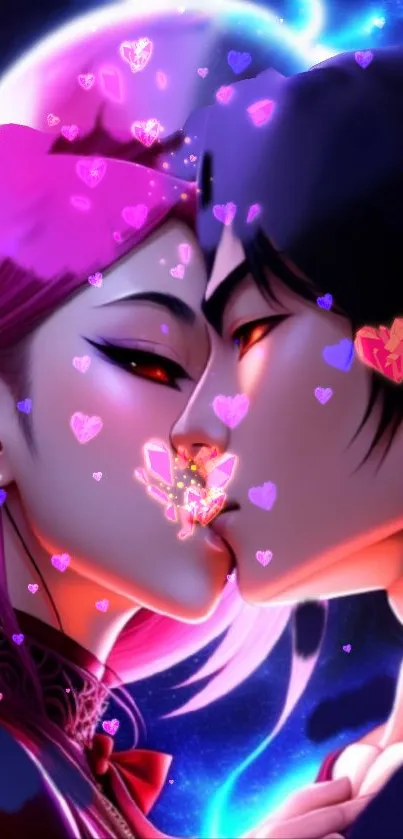 Romantic anime couple sharing a neon kiss under glowing hearts.