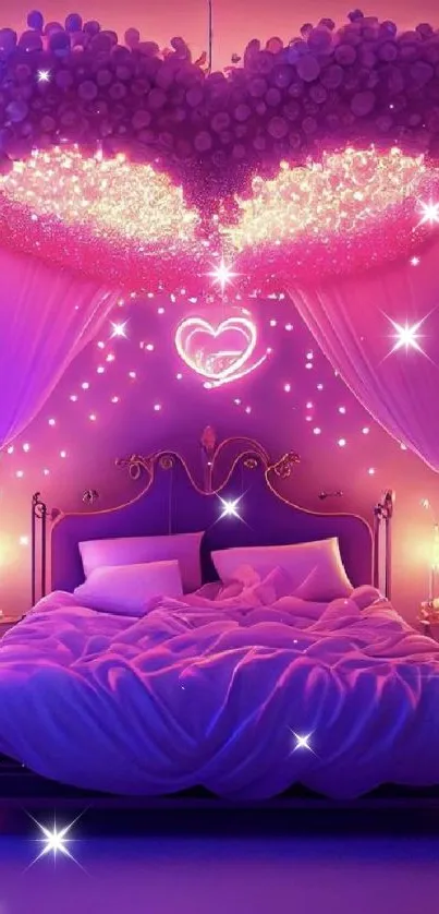 Romantic neon bedroom with glowing heart lights and purple hue.