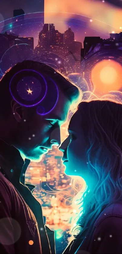 Silhouetted couple with neon cityscape background.