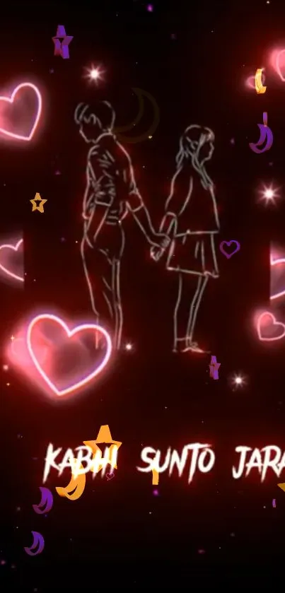 Neon-themed wallpaper with couple and glowing hearts.