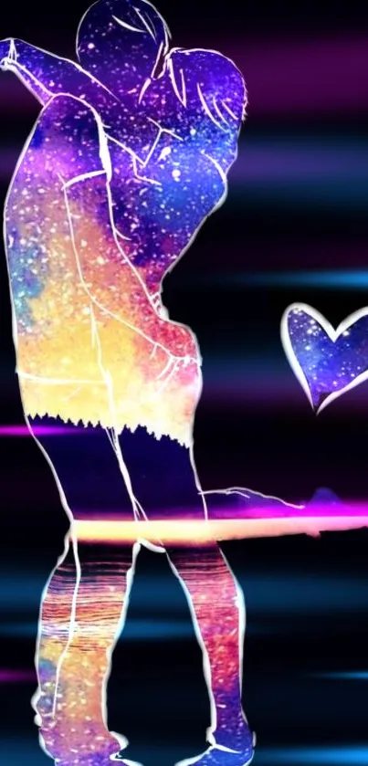 Romantic neon couple silhouette with cosmic heart.