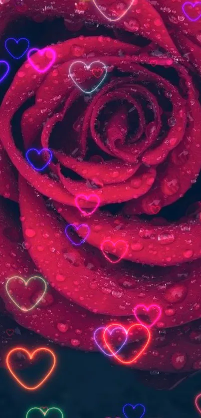 Red rose with neon heart outlines on a mobile wallpaper.