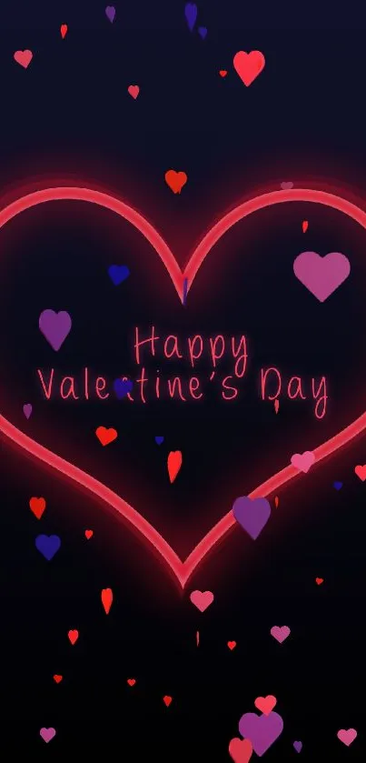 Romantic dark wallpaper with neon red heart and Valentine's Day text.