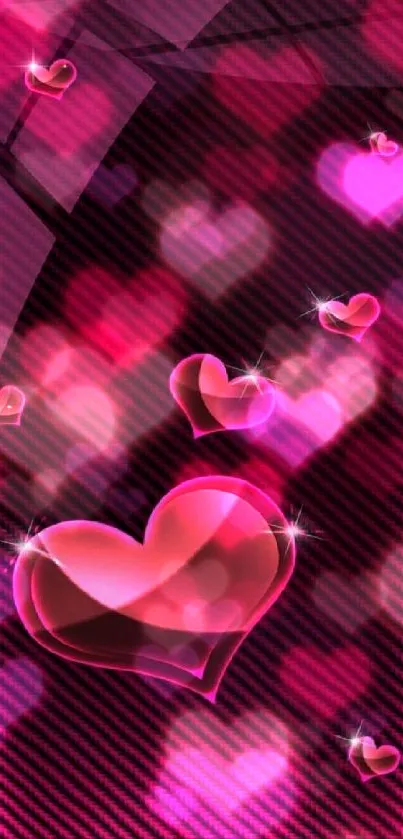 Neon pink hearts on dark background wallpaper.