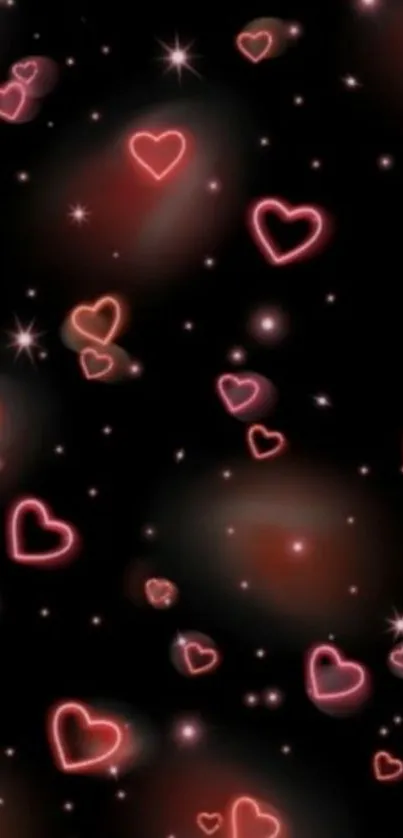 Romantic neon hearts on a black background wallpaper.