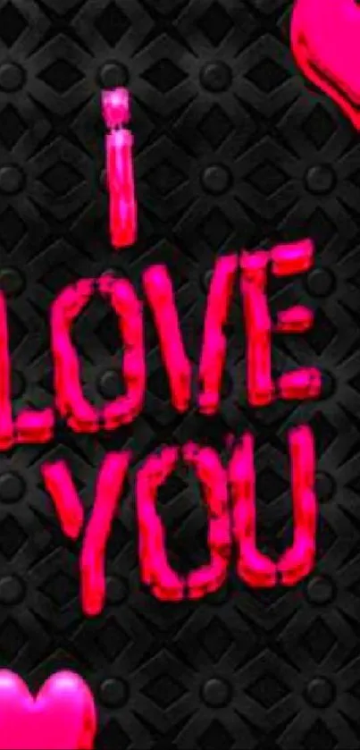 Neon I Love You wallpaper with pink hearts on a black background.