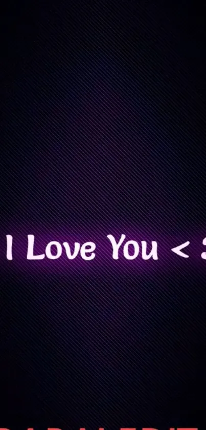 Romantic neon wallpaper reading 'I Love You <3' with glowing purple text.