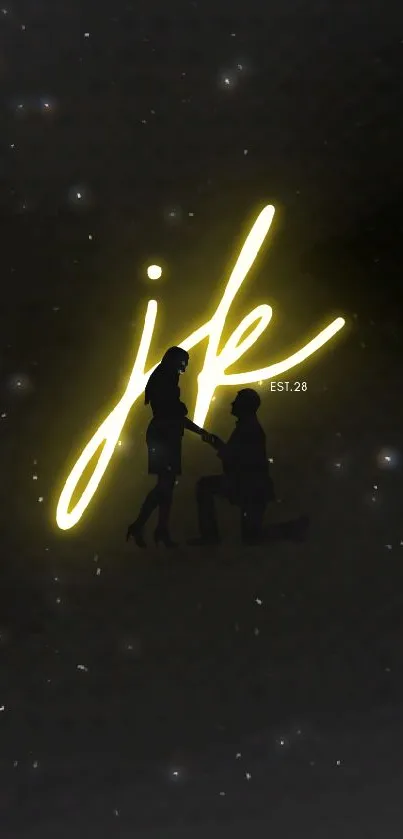 Romantic neon wallpaper with a couple in silhouette and glowing text.