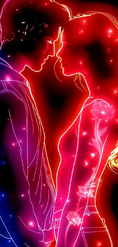 Neon artwork of a glowing romantic couple embracing in vibrant colors.