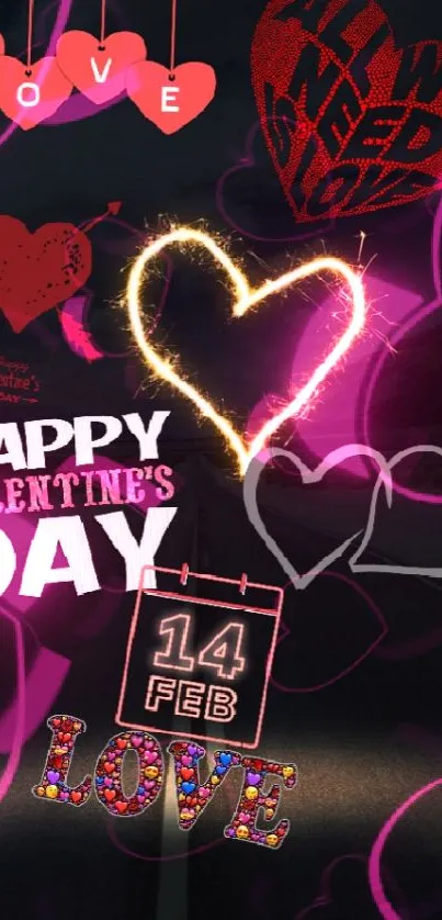 Neon Valentine's Day wallpaper with glowing hearts and love messages.