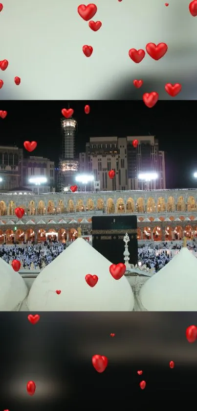 Sacred site at night with red hearts.