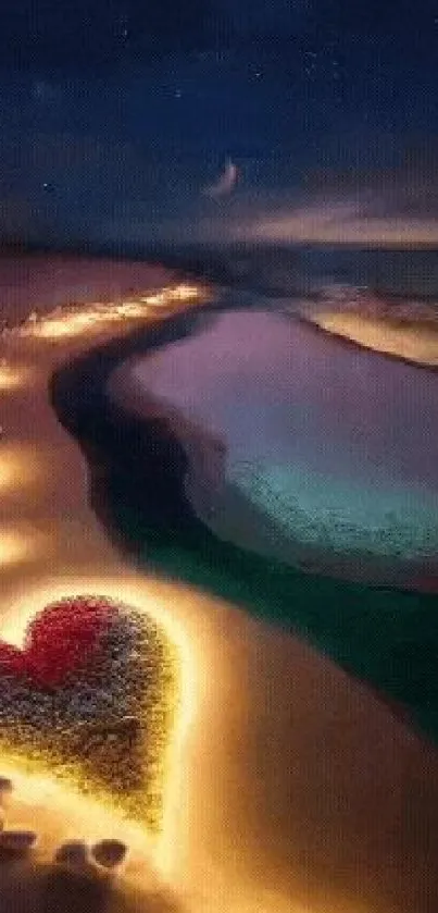 Romantic night beach with glowing heart sand art and crescent moon.