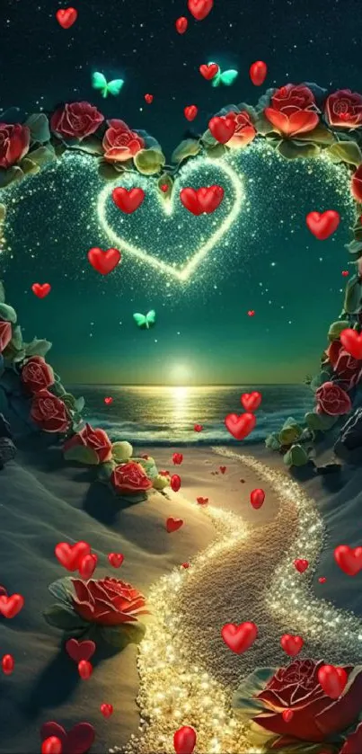 Romantic beach at night with roses and glowing heart.