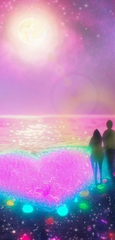 Romantic couple on colorful beach under moonlight.