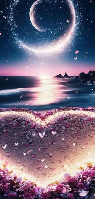 Romantic heart beach with crescent moon at night.