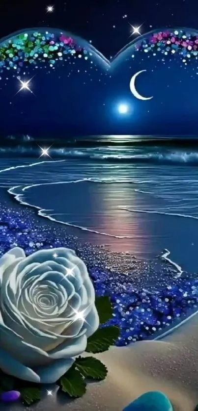 Romantic beach at night with moon and heart-shaped sky.