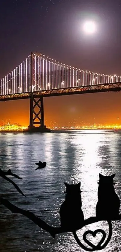 Nighttime bridge, moon, and cat silhouettes wallpaper.