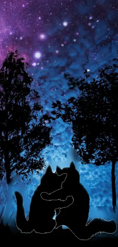 Silhouette of two cats under a starry, purple and blue night sky.