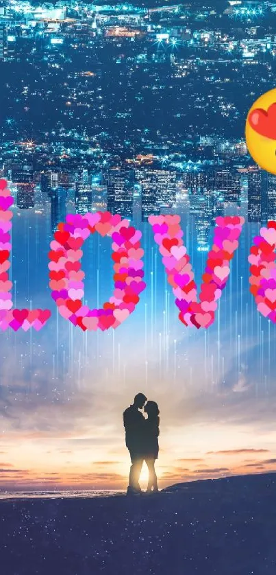 Romantic cityscape wallpaper with love text and couple silhouette.