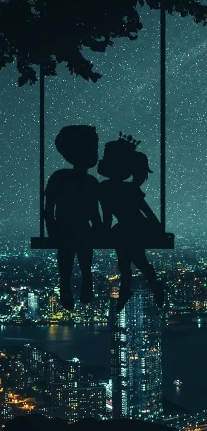 Silhouetted couple on swing over a city under a starry night.