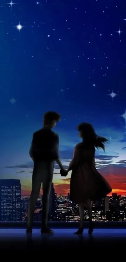 Romantic couple silhouette under starlit sky with city skyline in the background.